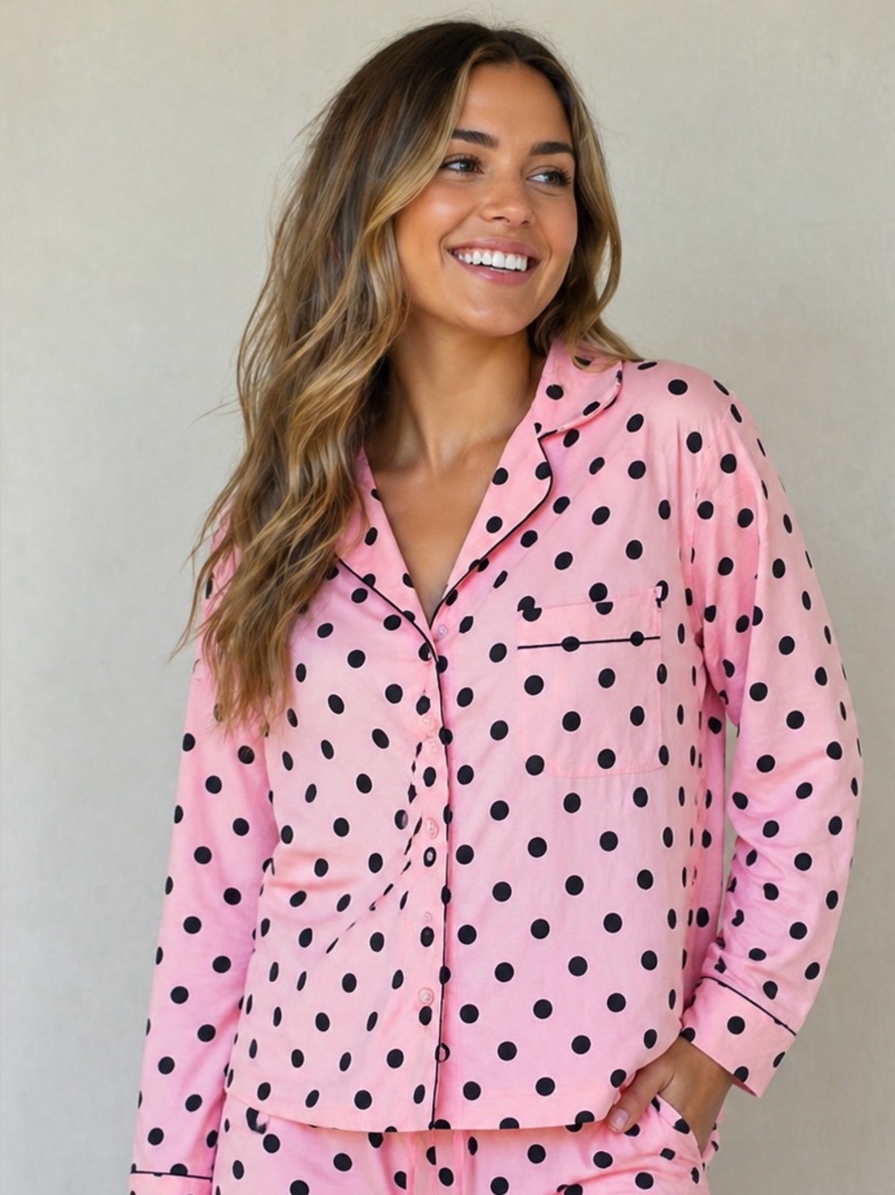 PINK Victoria's Secret Pink Pajama Top with Black Polka Dots